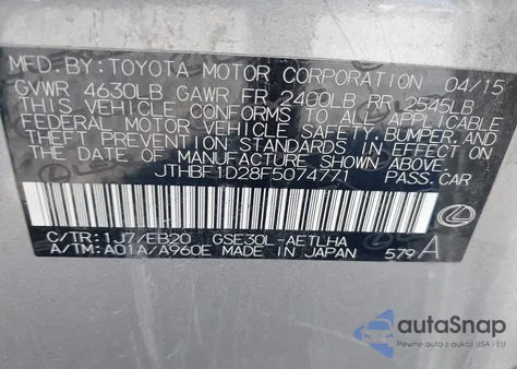 2015 Lexus Is 250 из США, поврежденный, VIN JTHBF1D28F5074771